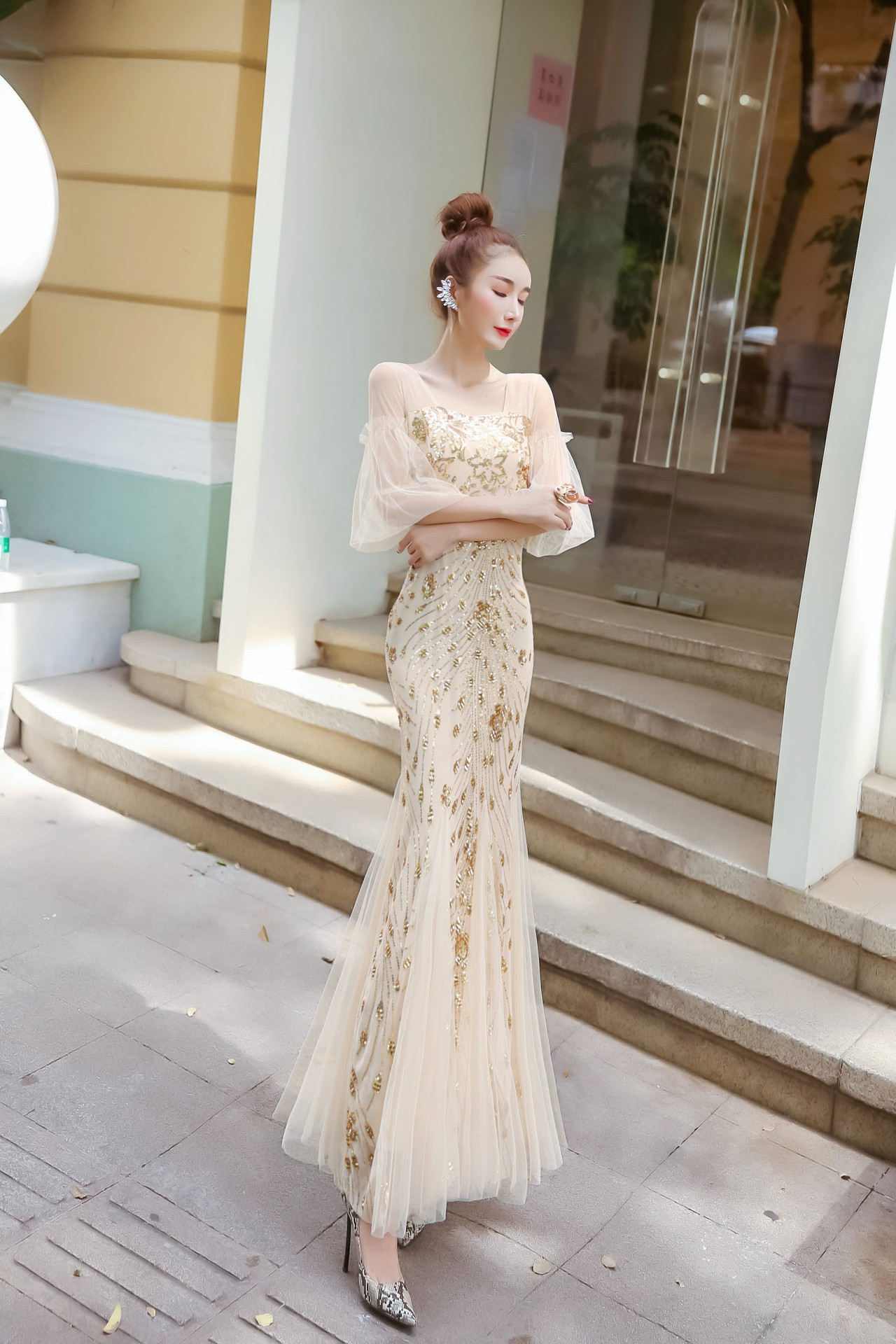 实拍2020名媛仙气女王连衣裙梦幻森系主持人宴会鱼尾晚礼服长裙女