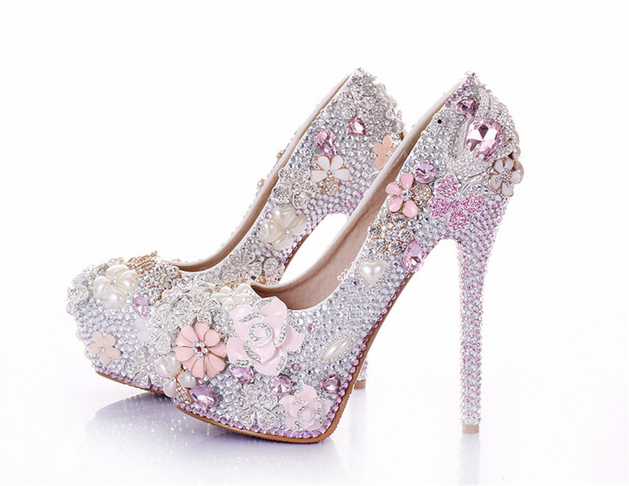 浅粉色珍珠水钻钻石14cm高跟鞋大码粘钻圆头婚鞋一件代发
