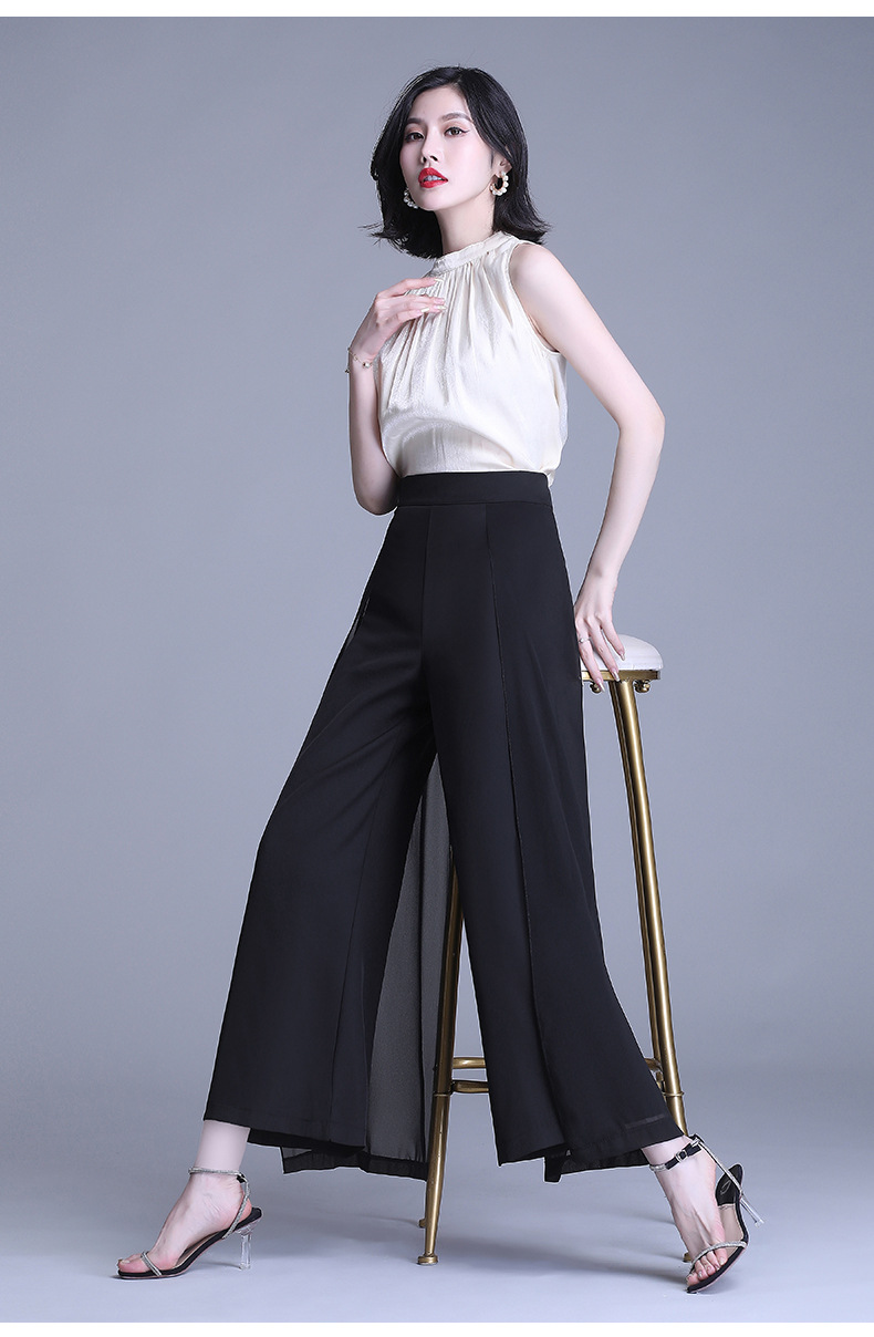 高端2020夏季ol气质女装长裤雪纺飘带阔腿裤高腰休闲裤厂家批发