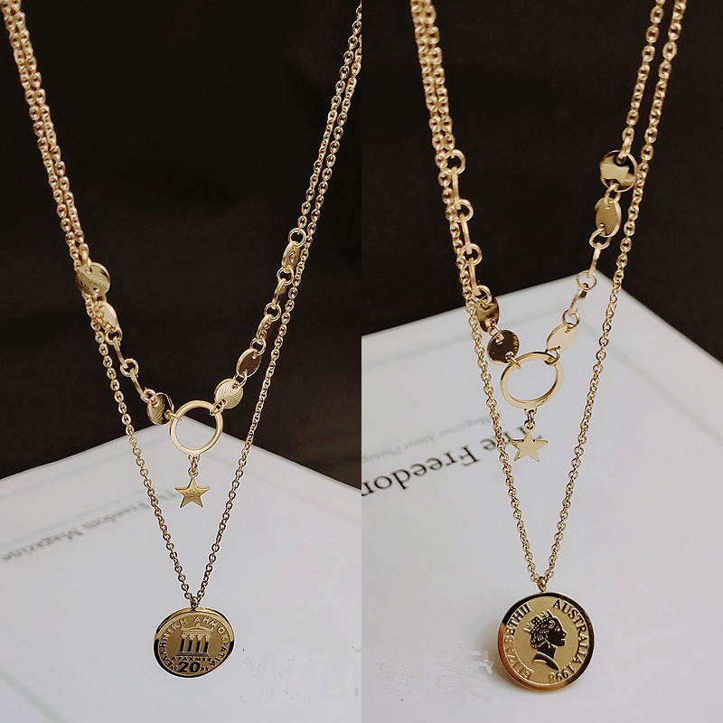 Double-Layer Titanium Steel Vintage Queen Avatar Gold Coin Coin Necklace Short Sweater Chain Women's Simple Temperament Clavicle Chain