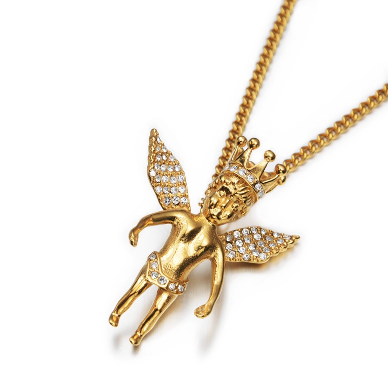 欧美夜店嘻哈时尚个性镶钻皇冠天使吊坠钛钢项链男女款饰品20416h