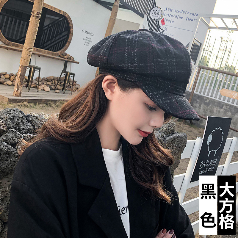 Korean Style Retro Artistic Octagonal Cap Autumn and Winter Men and Women Couple Fashion Casual Versatile Lattice Beret Factory Wholesale