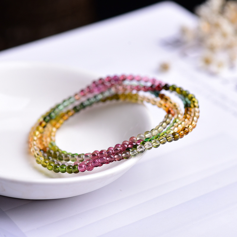 天然碧玺手链女彩虹糖果碧玺彩色水晶四圈手链彩宝情侣款手串正品