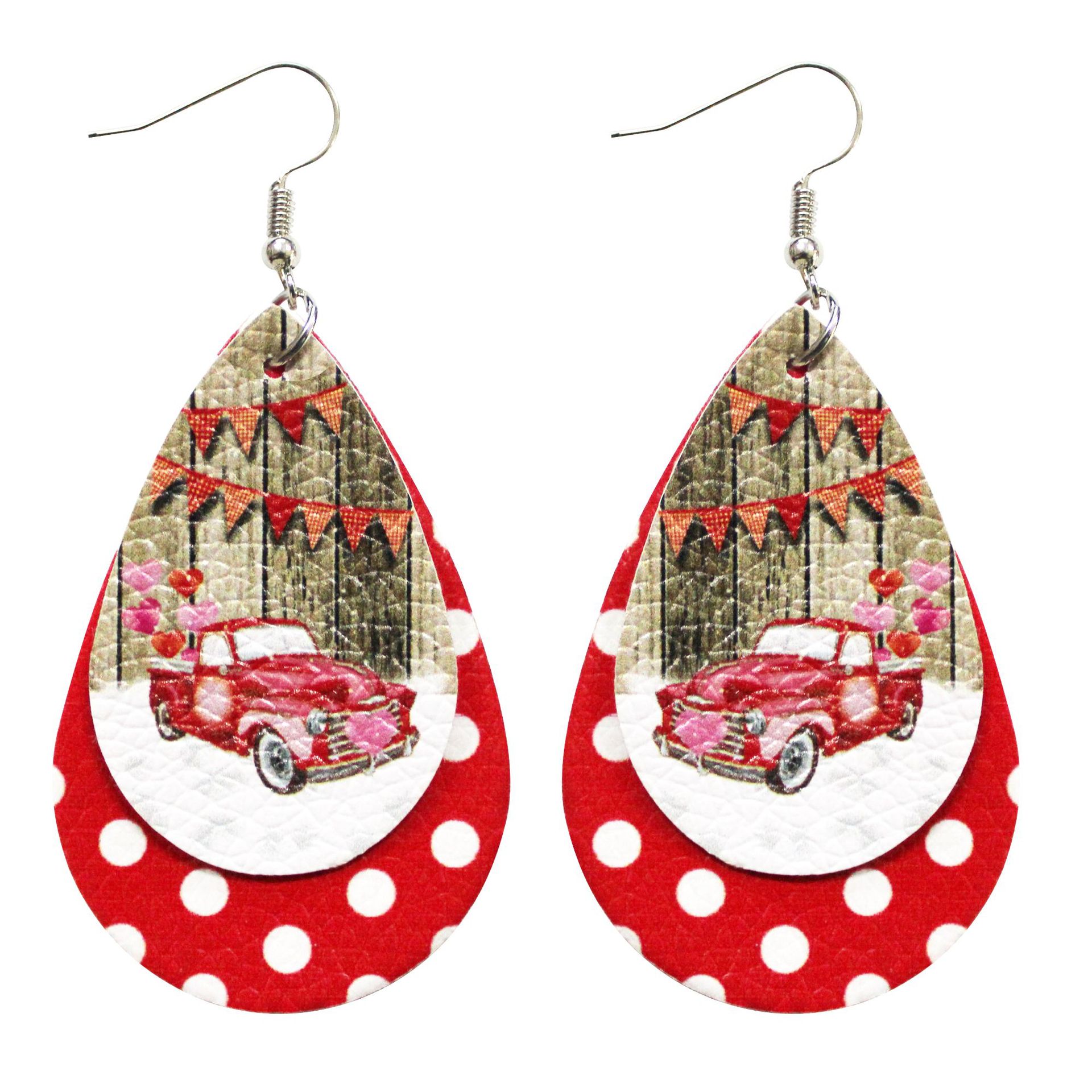 Valentine's Day Car Love Double Layer Water Drop Earrings Leather PU Christmas Plaid DIY Amazon Cross Border