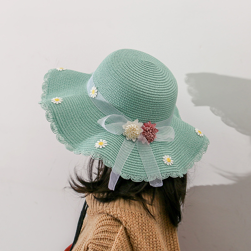 草帽女夏可折叠大沿遮阳帽女孩沙滩帽小菊花波浪边丝带蝴蝶结凉帽