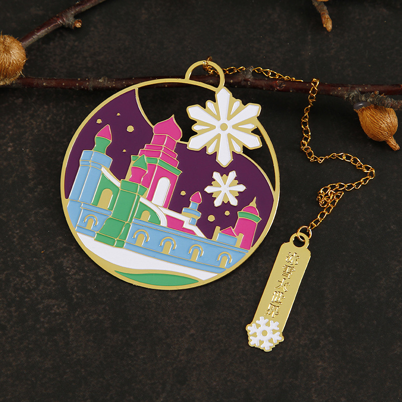 蚀刻金属定做可爱卡通圆形镂空书签节庆礼品不锈钢书签定制logo