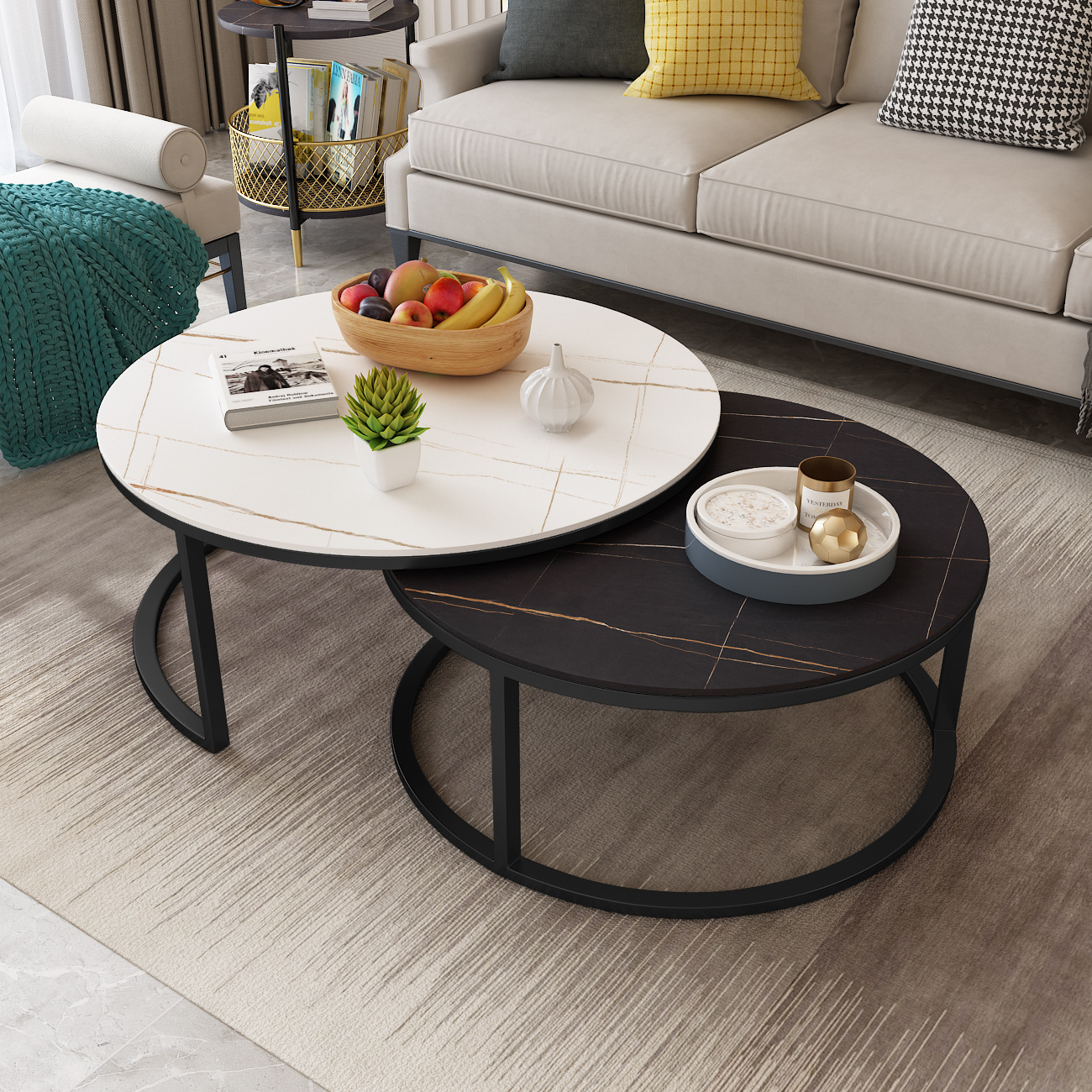 北欧岩板子母茶几组合客厅轻奢带抽屉圆形茶几酒店大理石金属茶桌