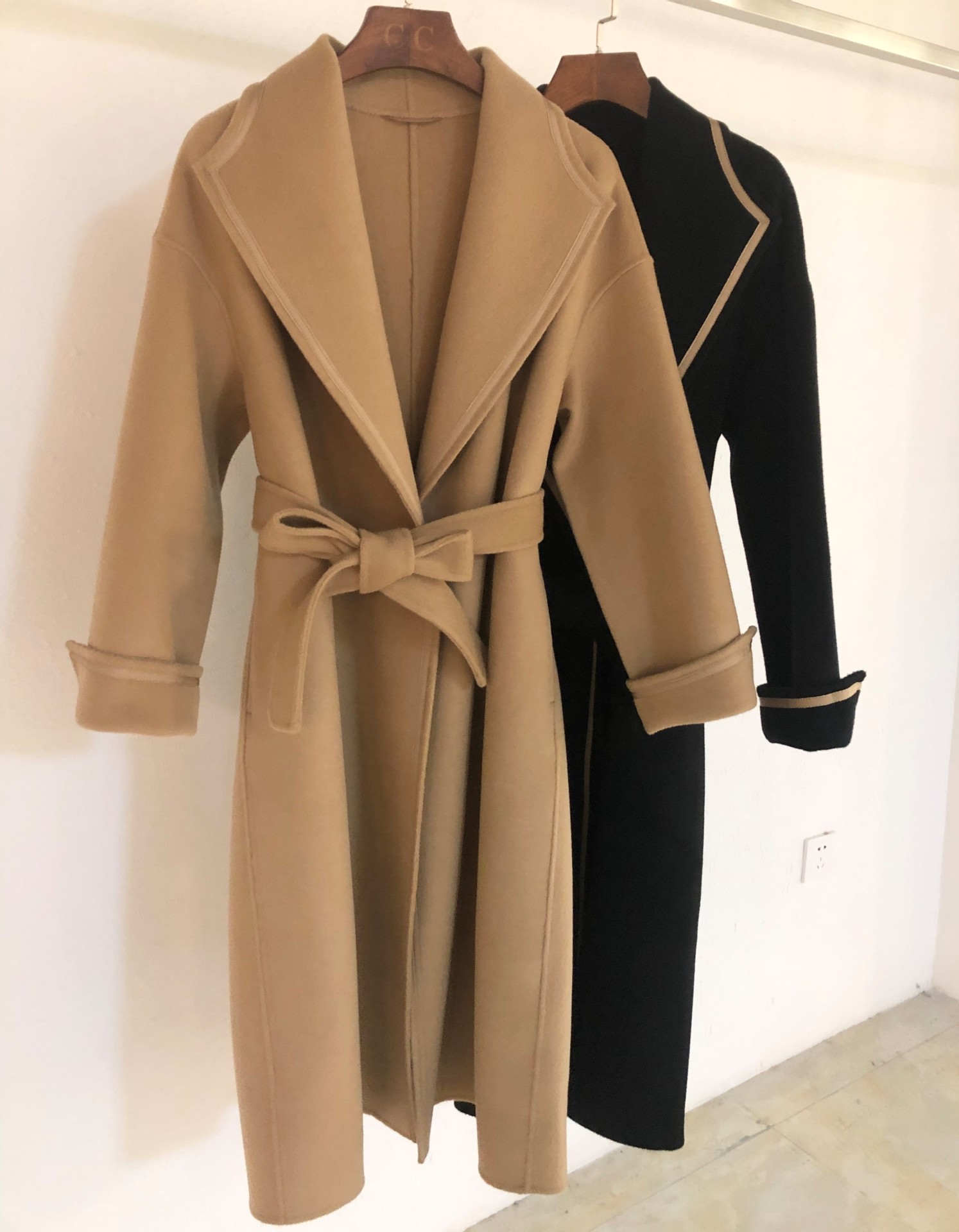 2020秋冬双面手缝羊绒大衣女大翻领修身系腰带气质毛呢外套