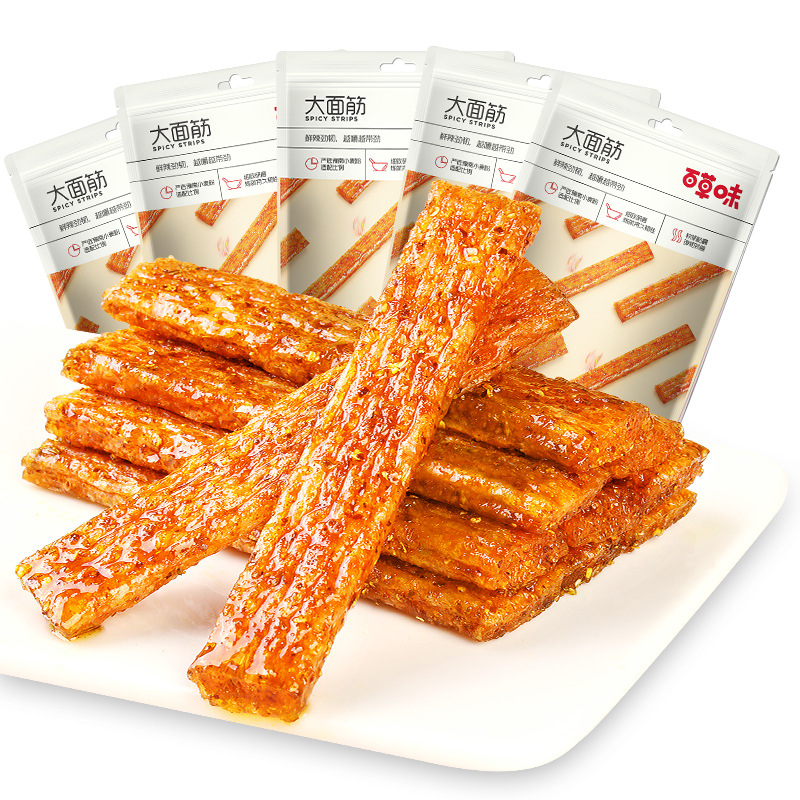 百草味辣条大面筋100g袋香辣网红休闲小零食办公室解馋大面筋批发