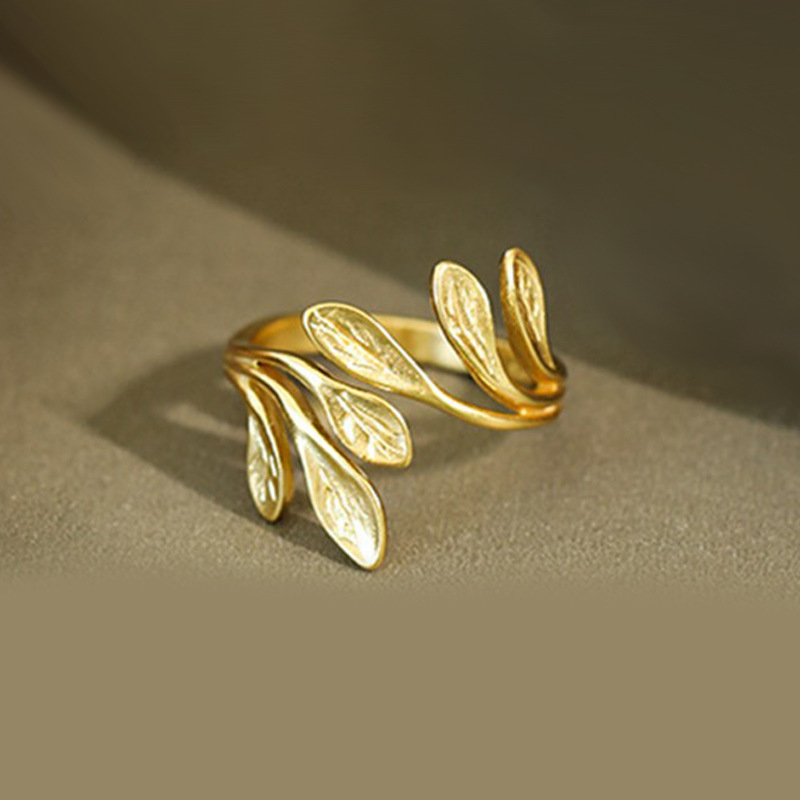 橄榄树叶戒指女士法式欧美风小众设计树叶戒指开口指环饰品批发