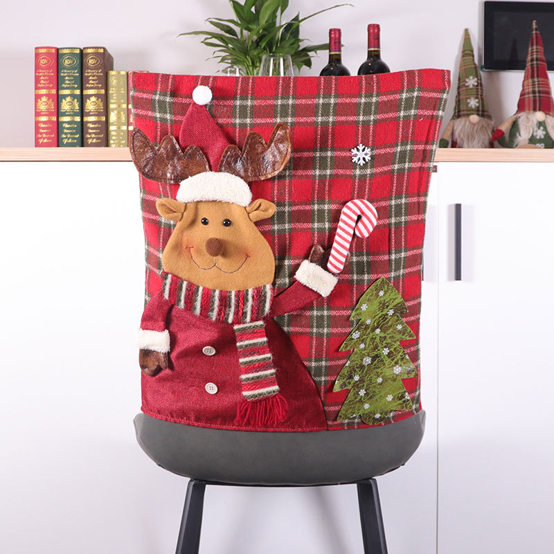 Cross-Border Direct Supply Christmas Decoration Red Plaid Snowman Santa Claus Chair Back Cover Creative Linen Chair Cushion Case