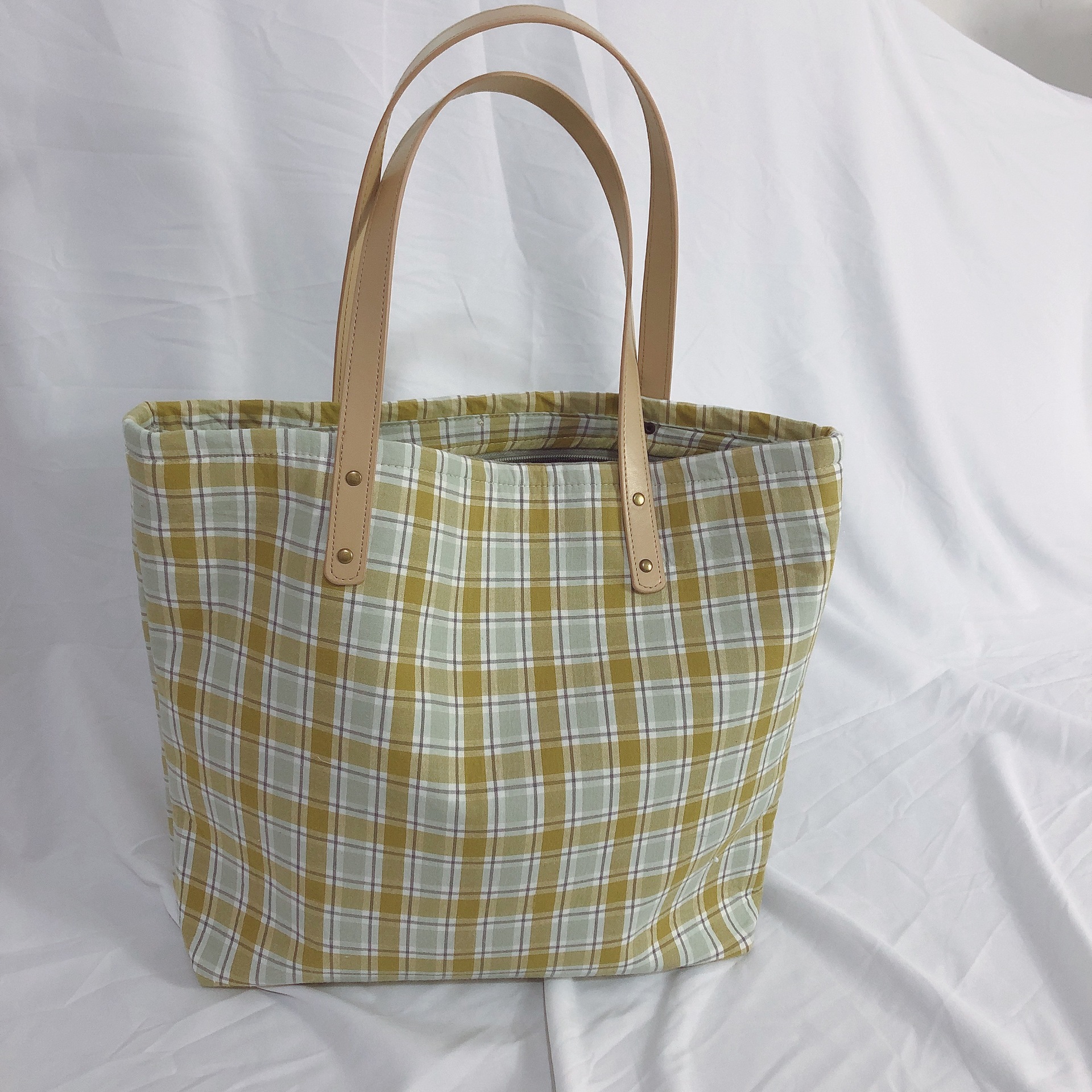 【归蝶布包】文艺奶油绿色系格子布包大托特包单肩女学生韩版百搭