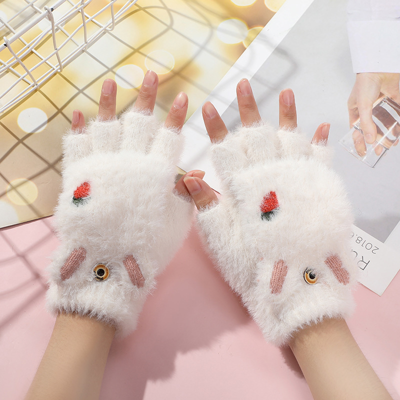 Female Winter Student Children Half Finger Flip Cartoon Plush Autumn and Winter Fleece Lined Padded Warm Keeping Gloves Wholesale