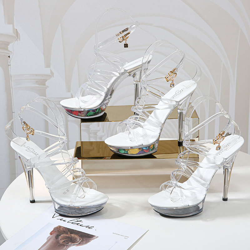 1099-b外贸性感外高跟鞋13cm细跟防水台凉鞋透明水晶鞋婚鞋宴