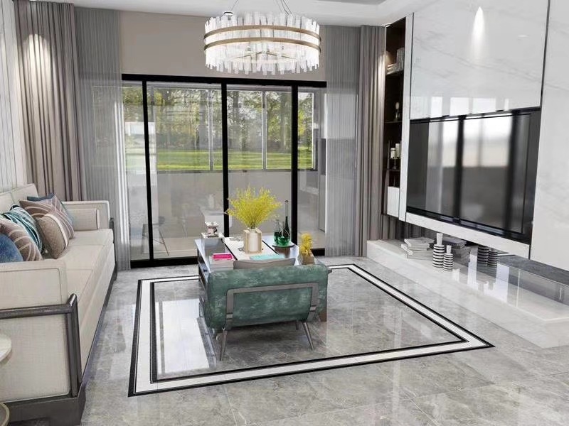 北欧灰色波导线客厅过道亮光波打线150*800 客厅拼花仿水刀钻石釉