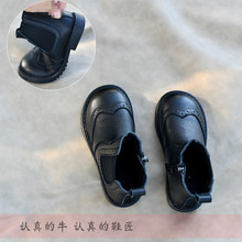 儿童软牛皮靴矮靴秋冬款短靴巴洛克公主鞋软底黑皮靴潮靴宝宝保暖