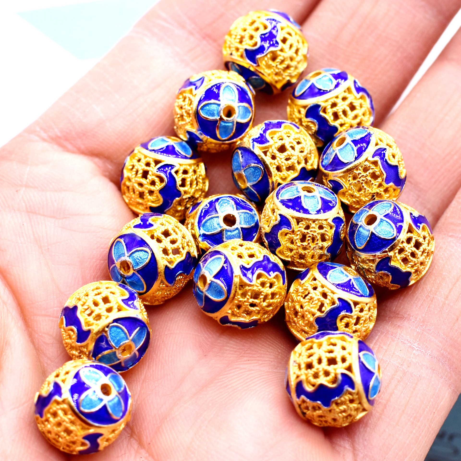 12mm纯铜镂空景泰蓝珠子手串串珠圆珠隔珠古典风汉服流苏吊坠挂件