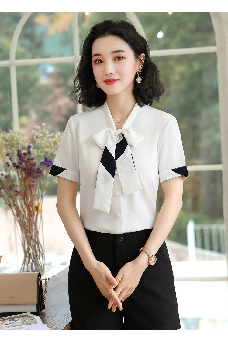 ol女职业装短袖衬衫酒店工作服女学生装短袖杏色宽松v领蝴蝶结