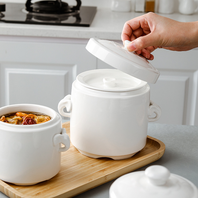 Ceramic Crock Simmering Soup in Double Lid Stew Pot with Lid