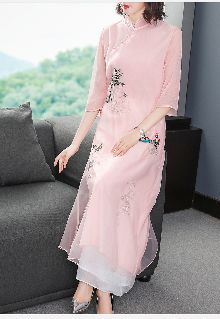 中国风改良旗袍裙2020夏季新款复古禅意茶服长裙欧根纱刺绣连衣裙
