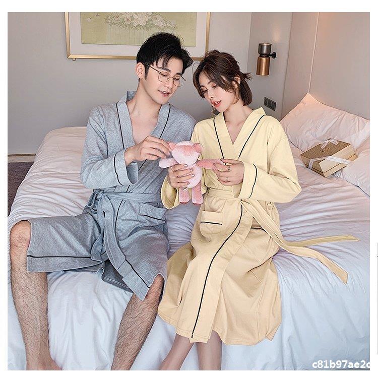 情侣款浴袍女长款春秋薄款男士睡袍酒店长袖纯棉睡衣吸水浴衣夏季