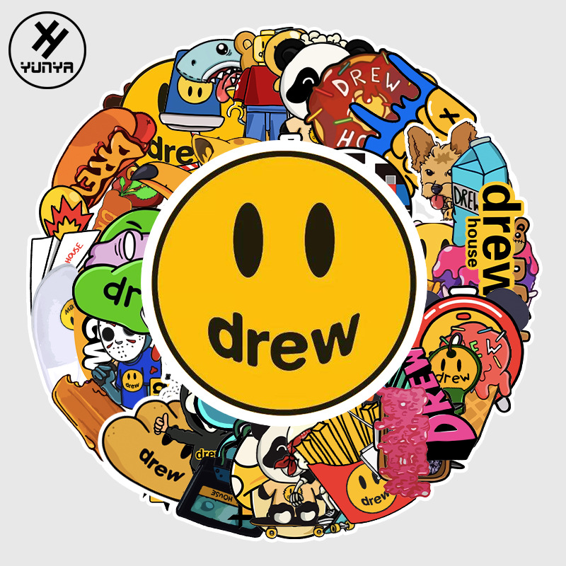54张不重复drew行李箱贴纸  卡通汽车死飞自行车陶瓷杯防水贴纸