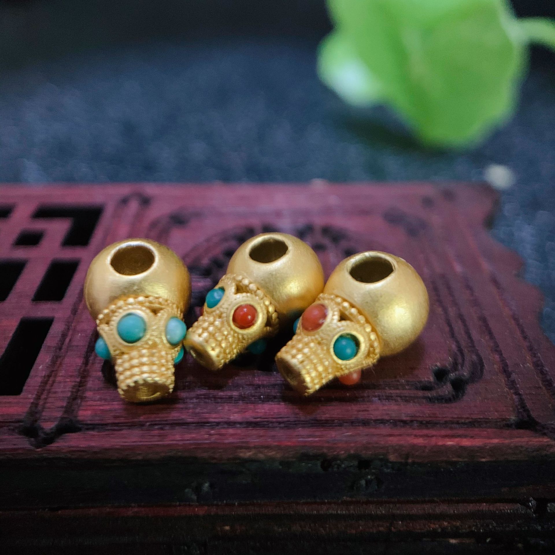 原矿绿松石配件s925纯银镀24k金老金三通佛头配珠配饰手工diy手链