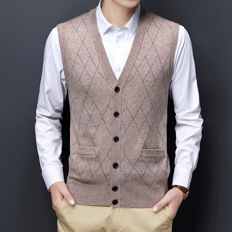 一件代发正品男士羊绒开衫中年无袖坎肩春秋直筒羊毛衫背心马甲