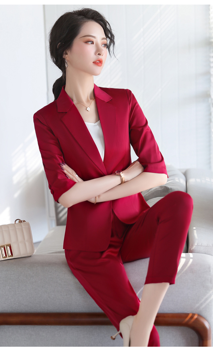 yls857职业装中袖红色女总裁套装时尚修身ol西服正装酒店前台韩版