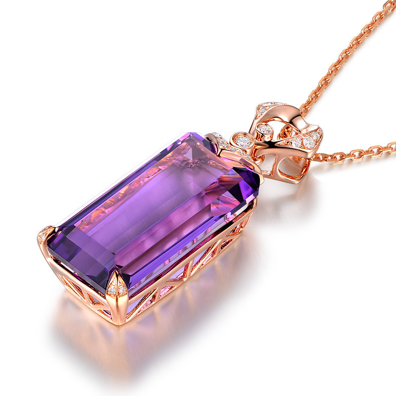 新款天然长方紫水晶宝石吊坠 紫钻吊坠镶嵌锆石彩宝吊坠女锁骨链
