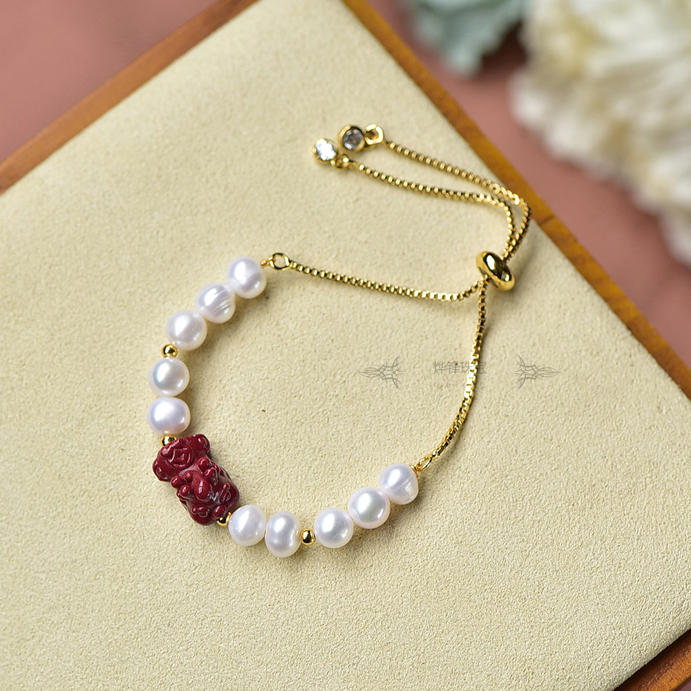 天然淡水珍珠 朱砂貔貅手链 14k包金 抽拉式手串 送闺蜜女友礼物