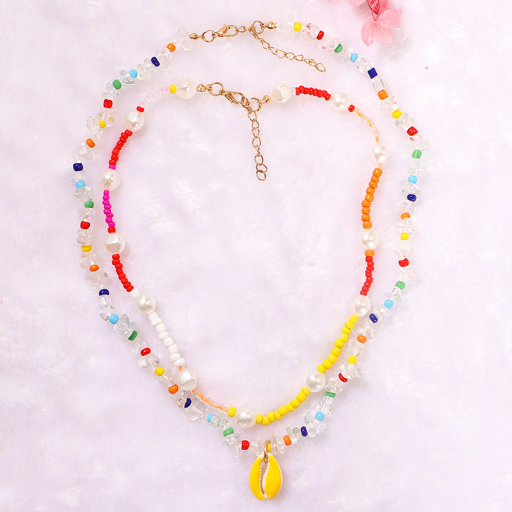跨境波西米亚风彩色米珠喷漆贝壳双层个性简约明星百搭潮流项链