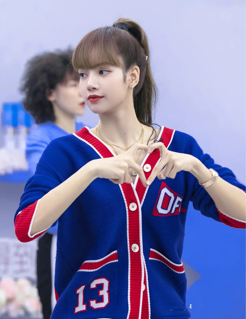 青春有你2lisa同款衣服蓝色毛衣蓝红拼色针织开衫宽松中长款外套