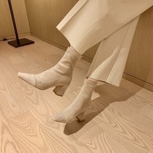 韩版时尚女靴粗跟小方头后拉链绒面短靴高跟短筒弹力靴瘦瘦靴裸靴