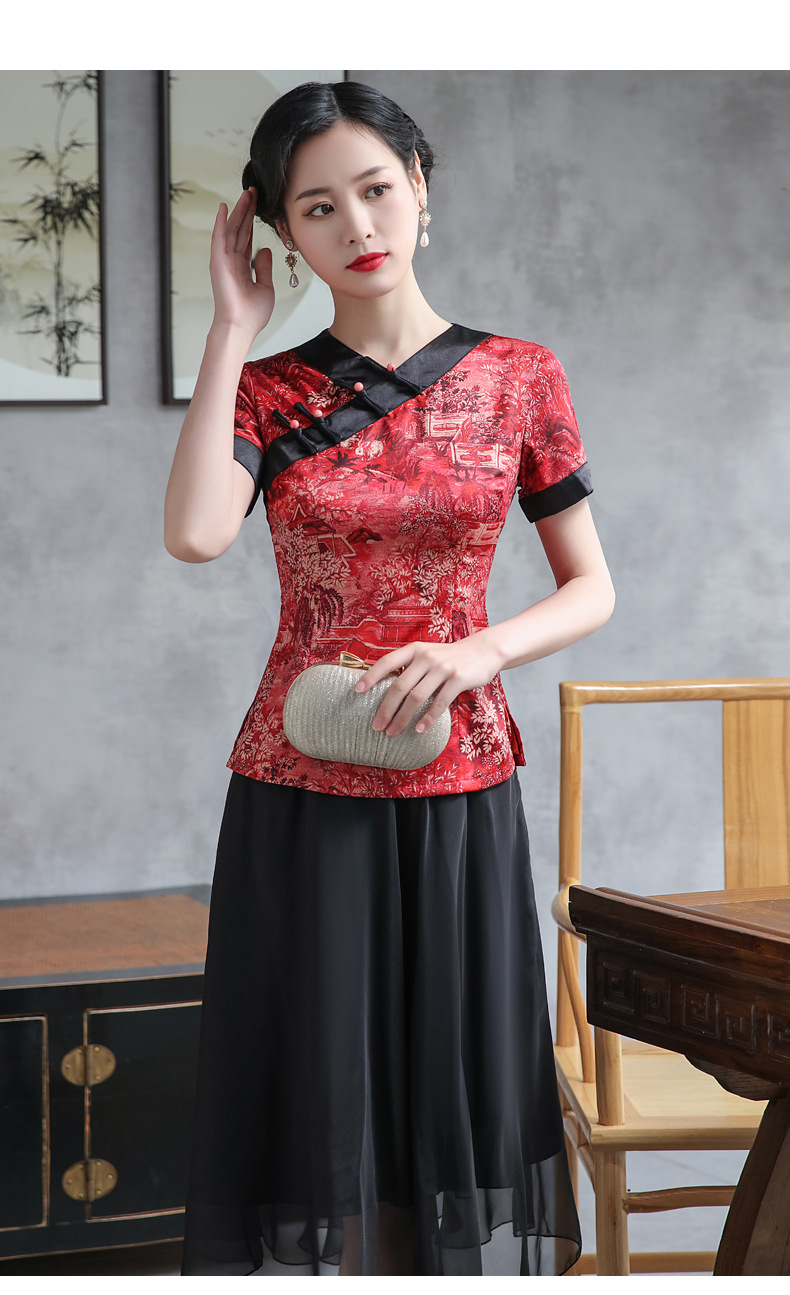 xl新款优雅气质修身印花无领旗袍上衣半身裙两件套