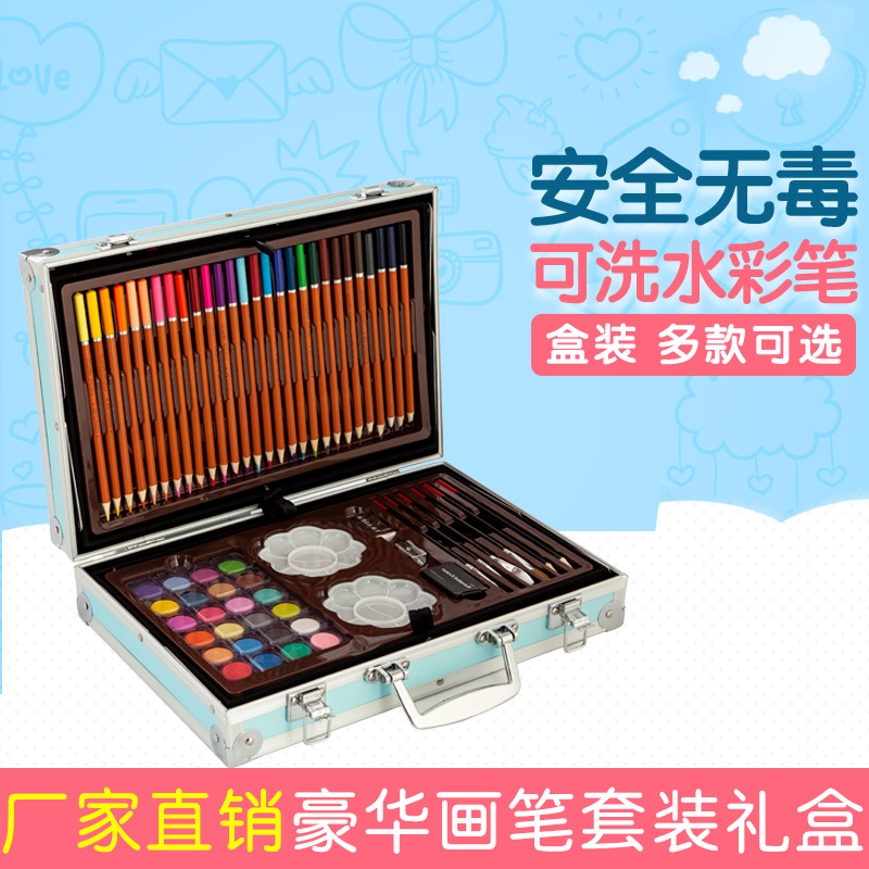 Factory Supply Watercolor Pen Children 145 Double Layer Aluminum Box Painting Kit Watercolor Pen Brush Set 145 Brush