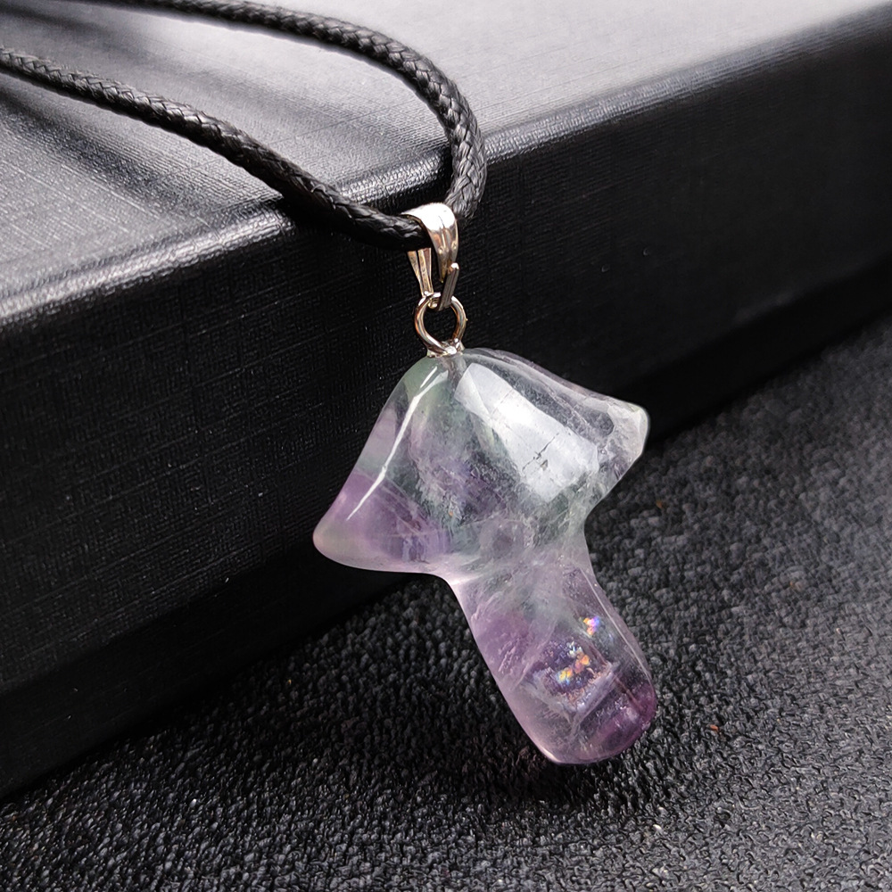 跨境新品 天然石水晶七彩萤石小蘑菇吊坠雨伞形项链挂饰厂家直销