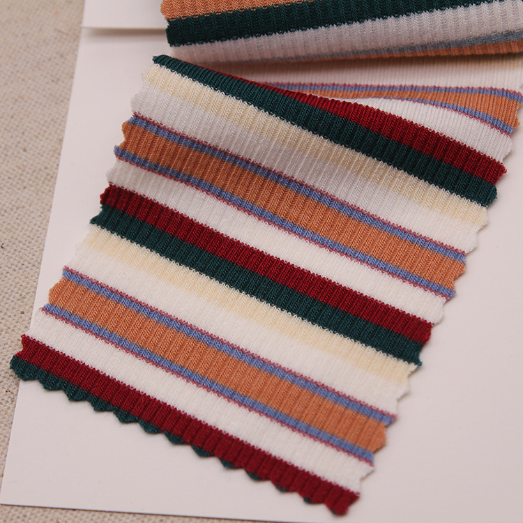 220克人棉彩条罗纹布 横间彩虹条纹 针织时装面料 t恤衫布料春夏