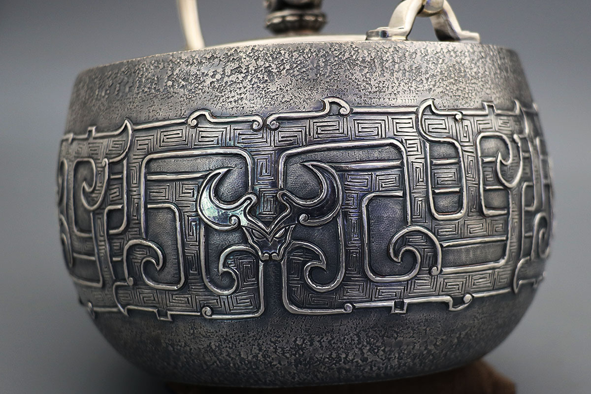 纯手工银壶饕餮纹牛头纹麒麟盖手工浮雕錾刻一张打