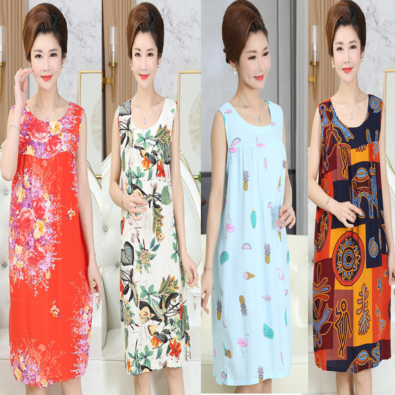 Summer Pajamas for Middle-Aged and Elderly Women Faux Silk Mom Nightdress Summer Adult plus Size Cotton Bourette Dress