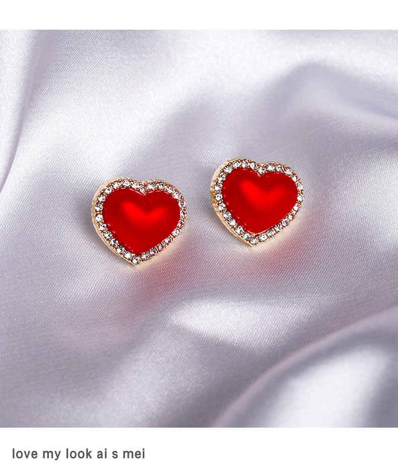 韩国爱心珍珠耳钉红色珠子耳环2021年秋冬新年喜庆耳饰银针耳坠