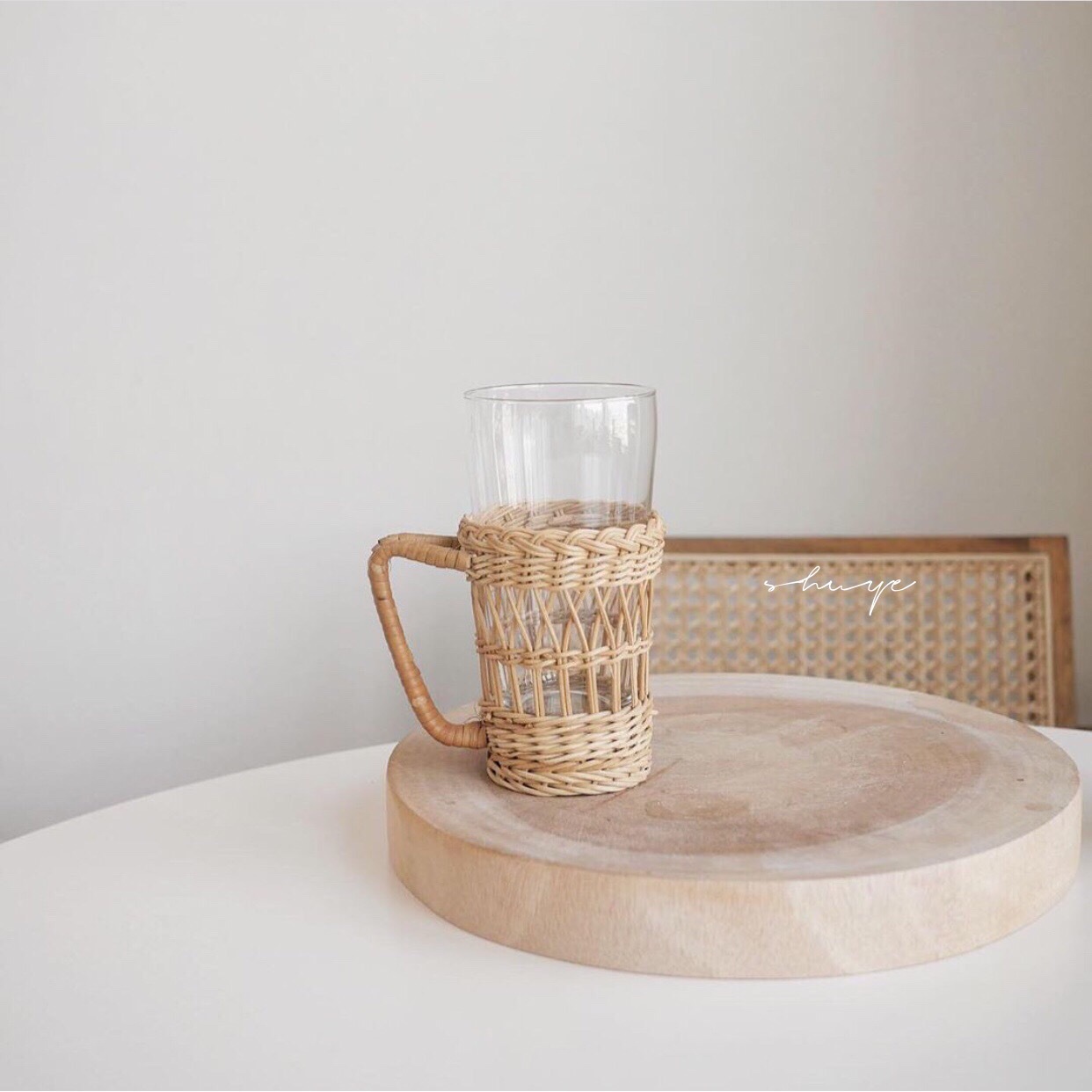 日式ins印尼白藤编杯套玻璃防烫手工编织网红玻璃杯带把手保护套