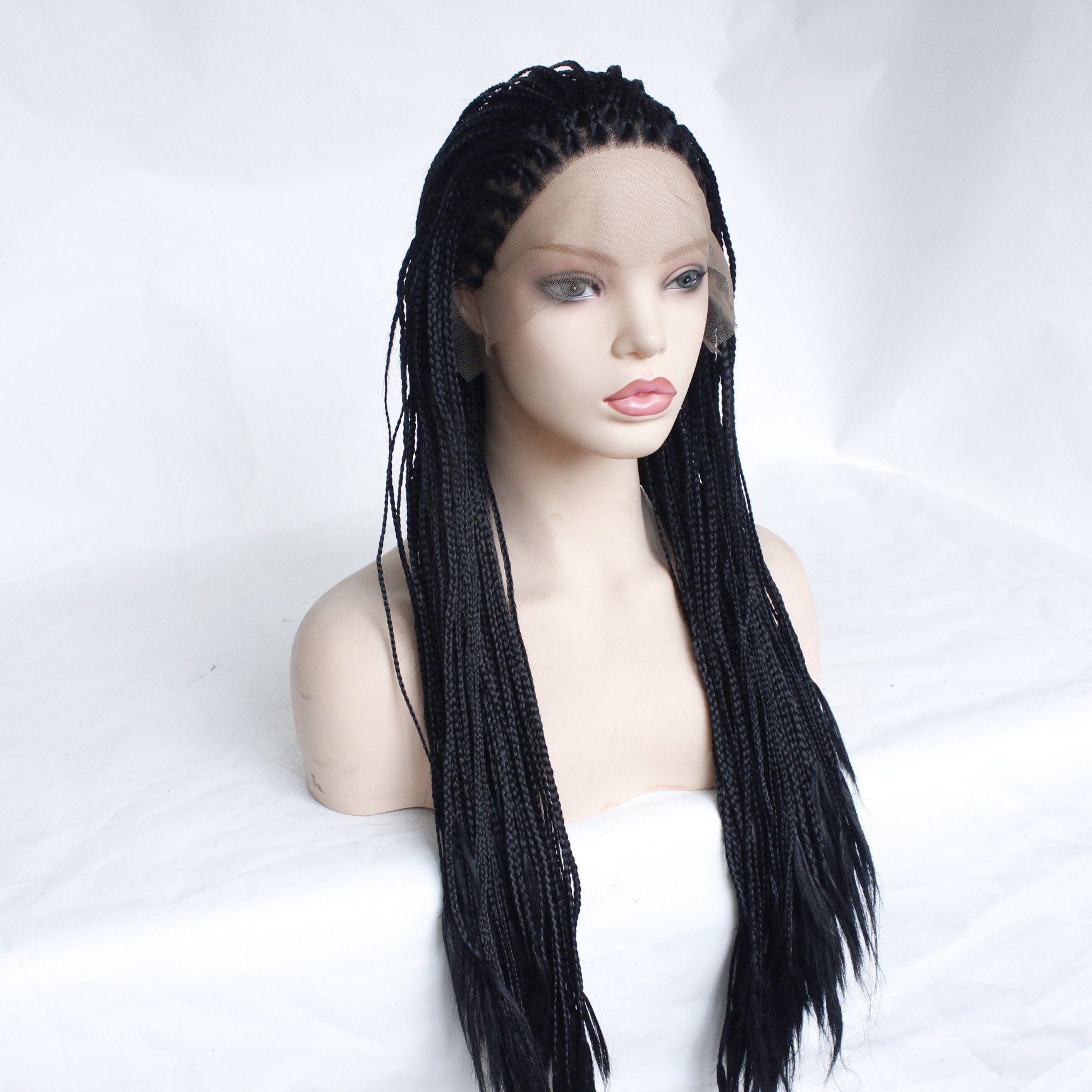 女士披肩长款编织三股辫子化纤高温丝假发半手钩半机织前蕾丝头套