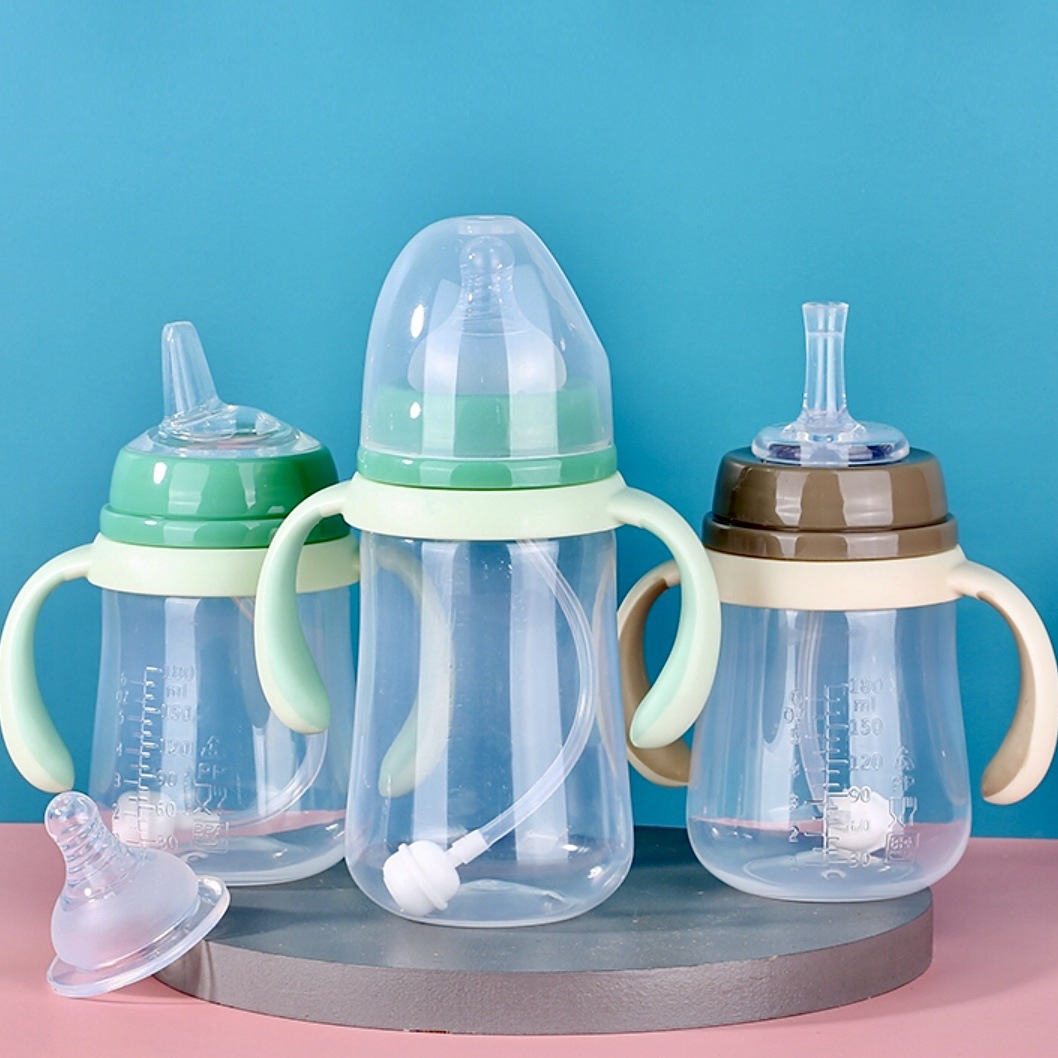 厂家批发新生婴儿宽口径pp双色手柄塑料奶瓶宝宝喂养用品防摔奶瓶