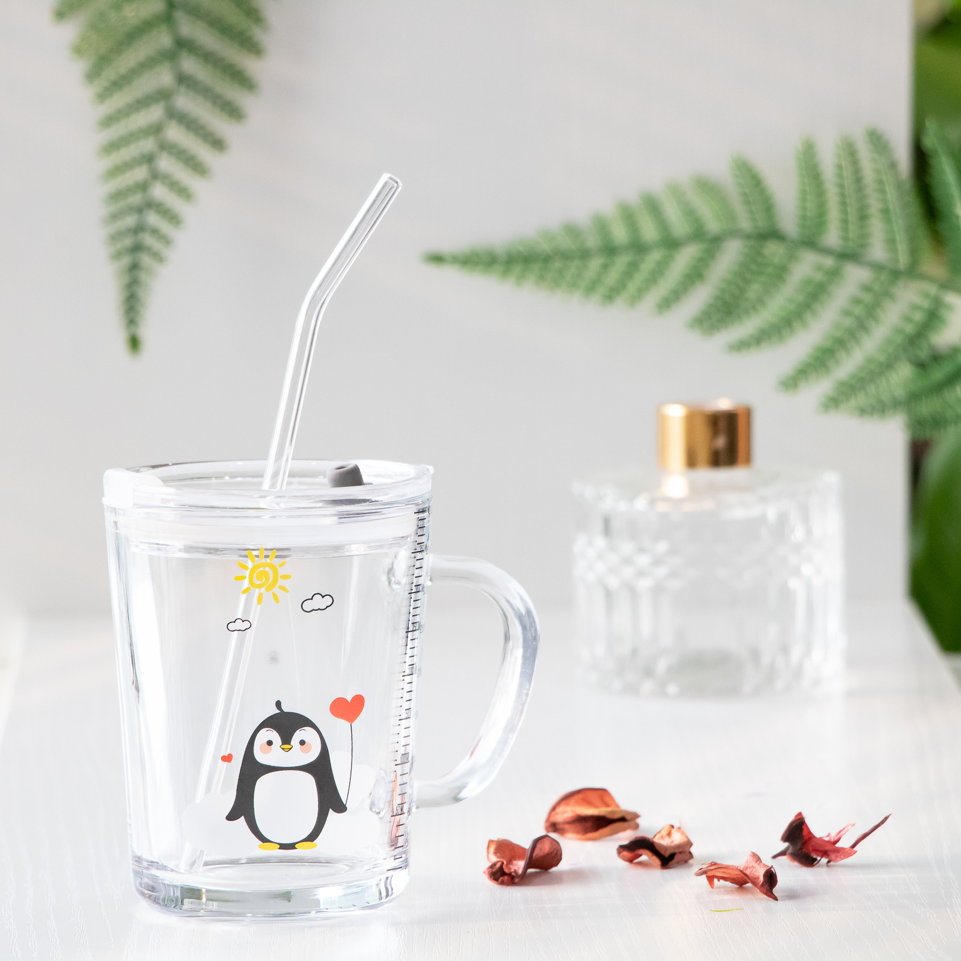 厂家供应透明玻璃杯可爱卡通图案水杯饮料果汁牛奶带把手玻璃杯