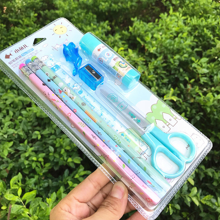 开学必备小鱼儿文具套装学生文具剪刀卷笔器尺子握笔器11件批发