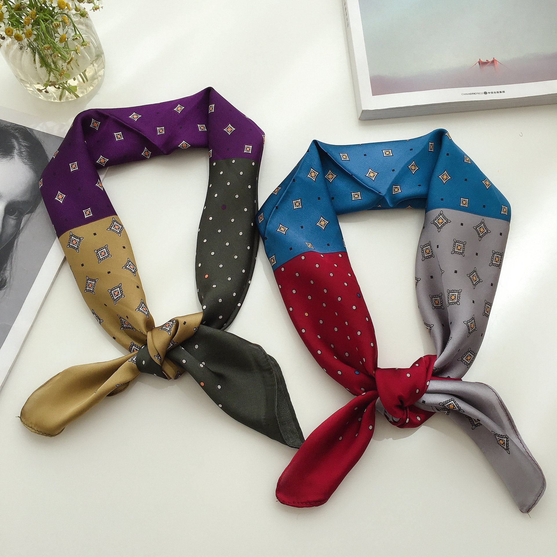 70真丝小方巾印花小丝巾女空姐职业装饰小领巾百搭拼色头巾韩版薄