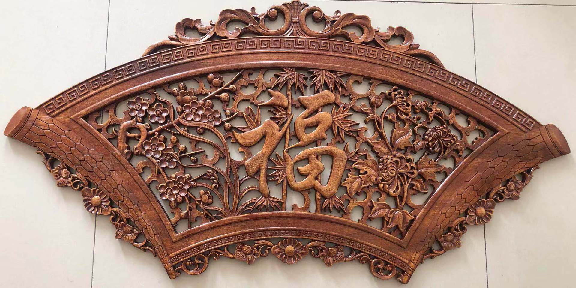 东阳仿古木雕香樟木扇形壁挂全实木挂件福禄寿喜 可定做批发