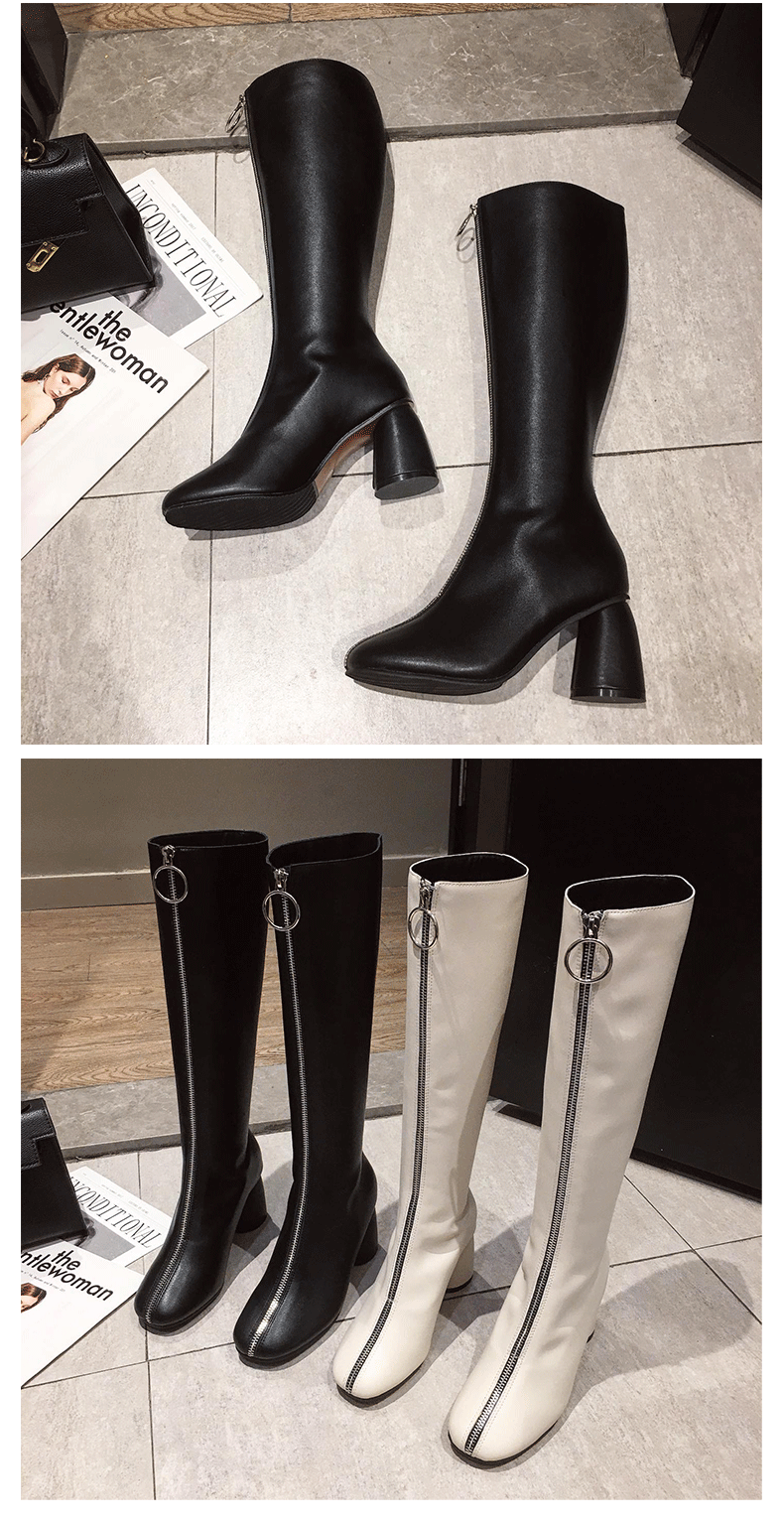 骑士靴女2020秋冬新款欧美长筒马靴前拉链不过膝高跟白色女士靴子