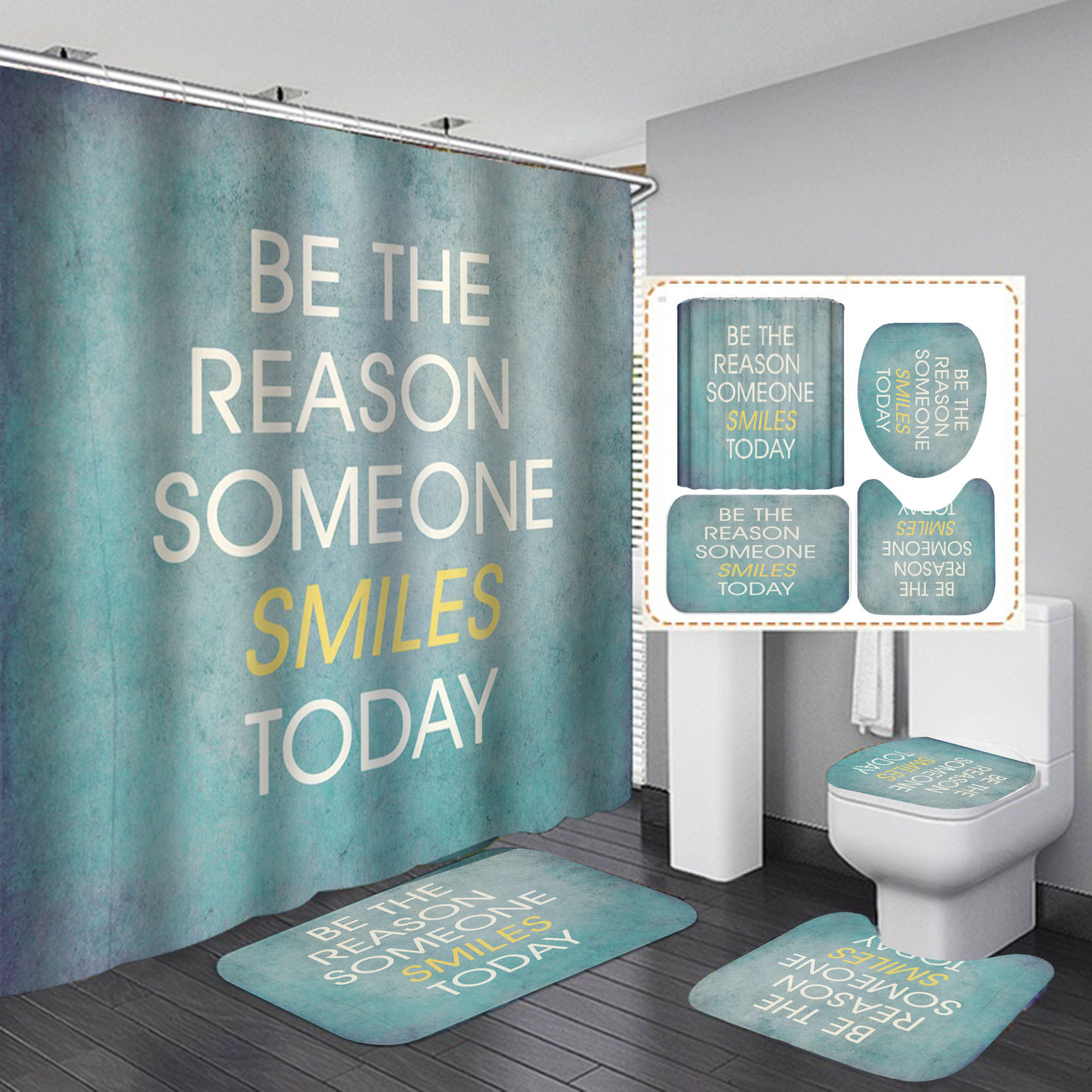 Cross-Border Hot Digital Printing Letter Printing Shower Curtain Set Punch-Free Three-Piece Set Four-Piece Factory Direct Sales